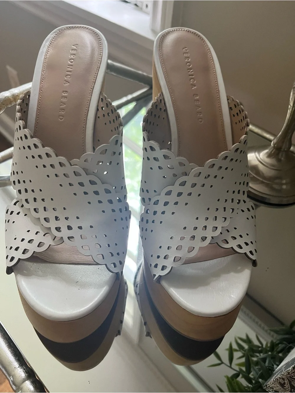 Veronica Beard Gaynor Wood White Laser-Cut Leather Platform Mules